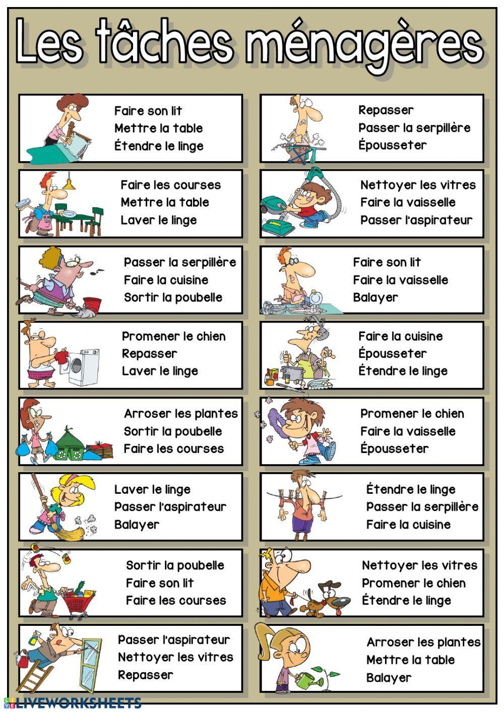 Apprendre le vocabulaire français pour le nettoyage et les tâches