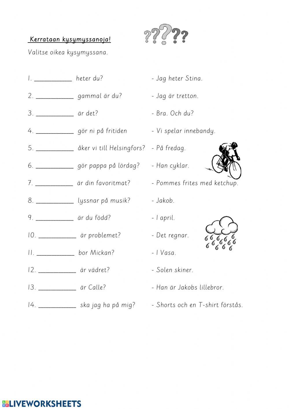 Öva frågeord - Harjoittele kysymyssanoja