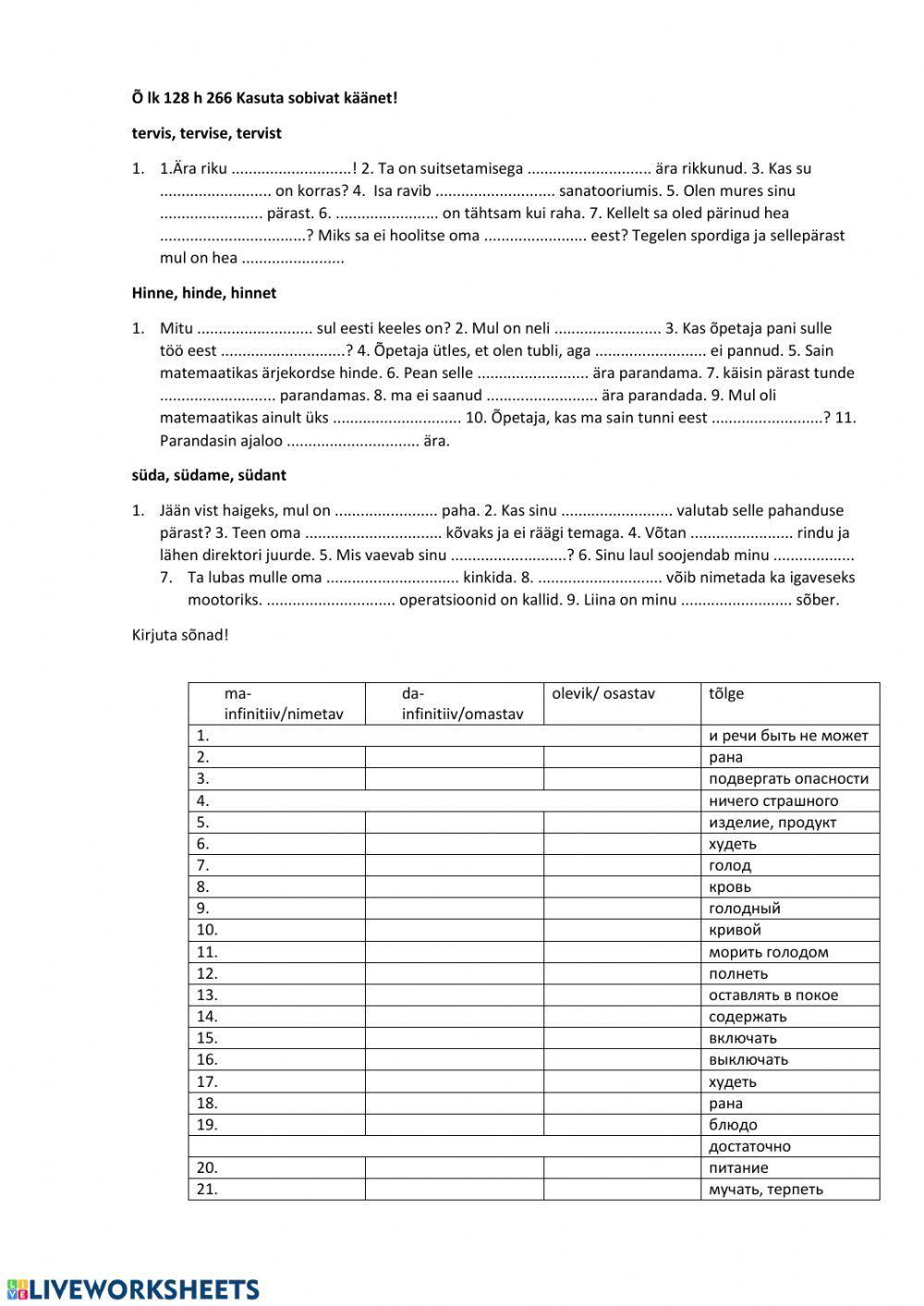 Õ lk 128 H 266 tervis, tervise, tervist ja sõnad lk127