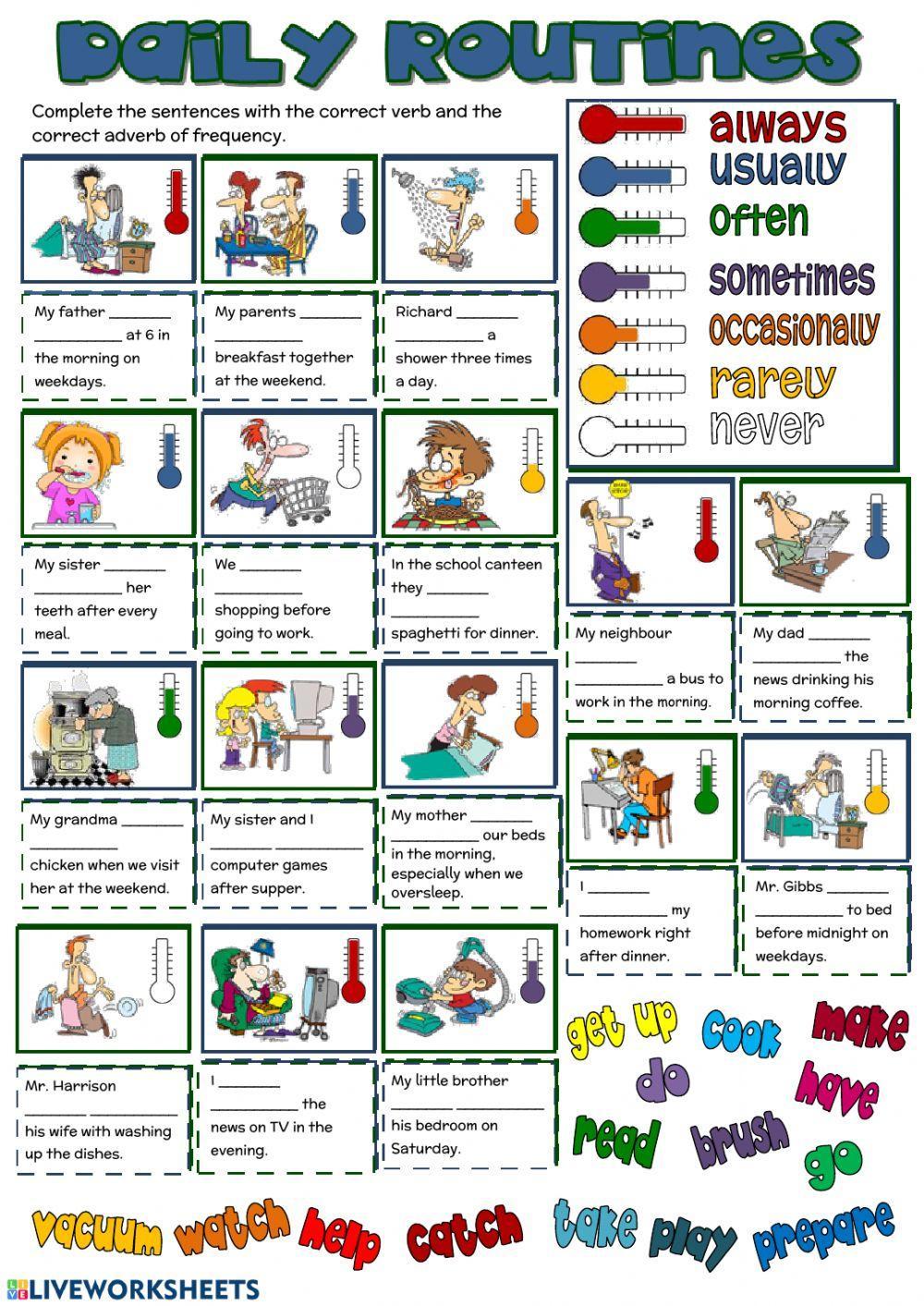 Adverbs games. Игры на Daily Routine. Упражнения Daily Routine present simple. Worksheets грамматика. Always usually sometimes never Worksheet.
