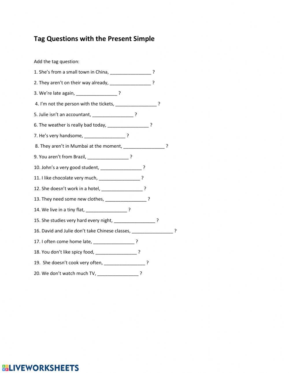 Question tags online worksheet live worksheets