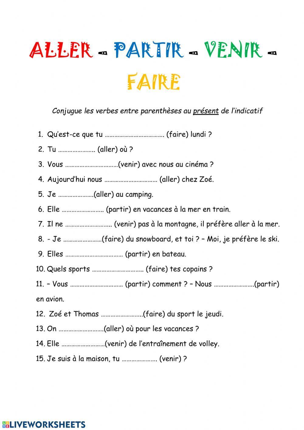 Les verbes faire aller venir partir