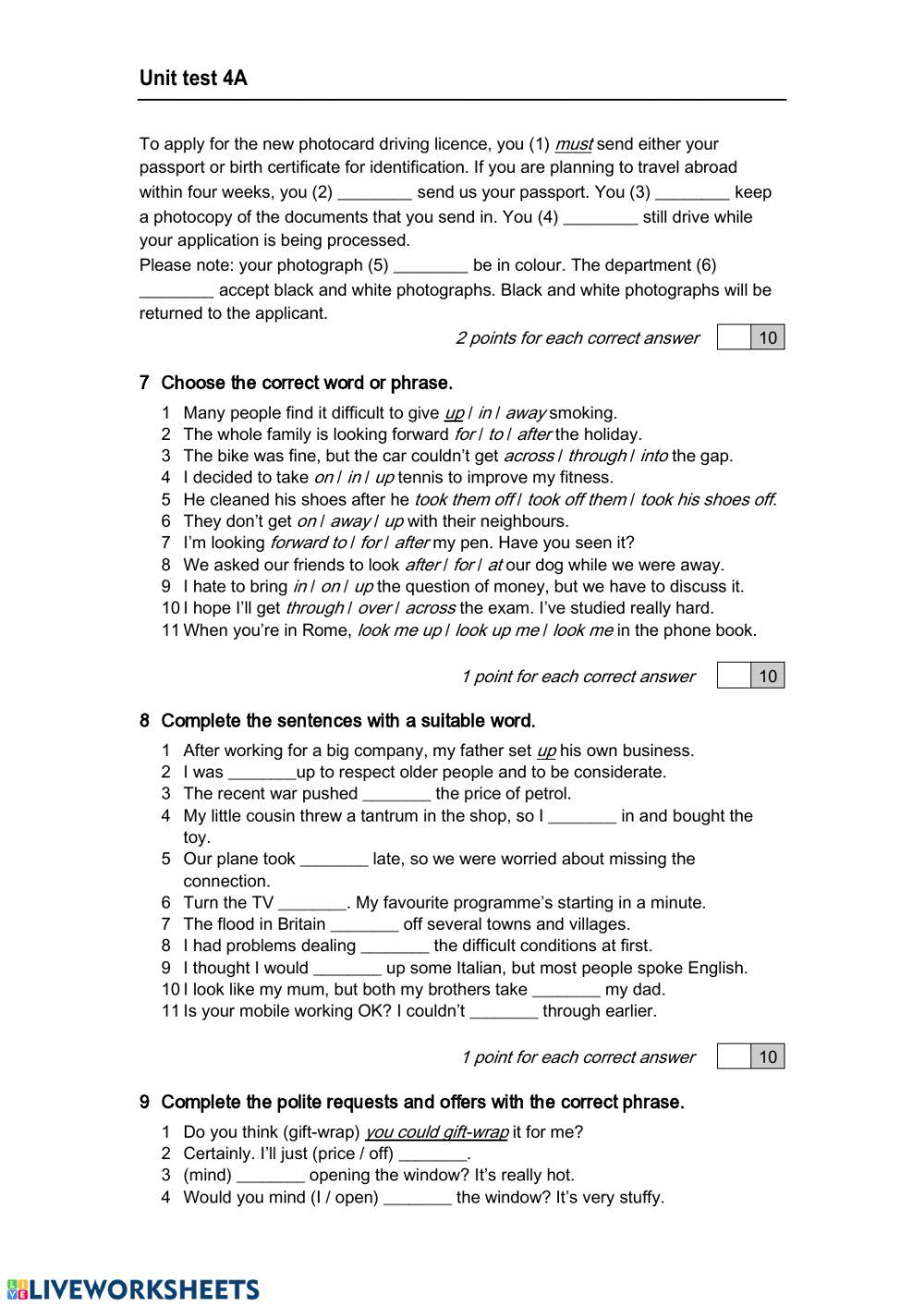 New Head Way Intermediate Unit 4 test