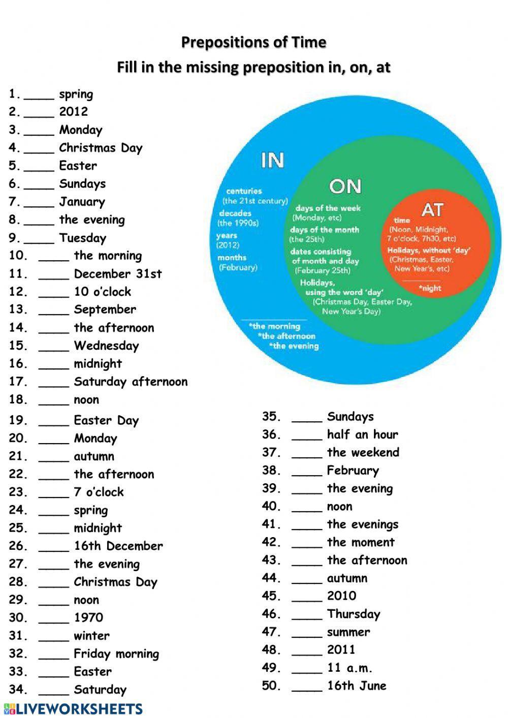 Prepositions of time worksheet live worksheets