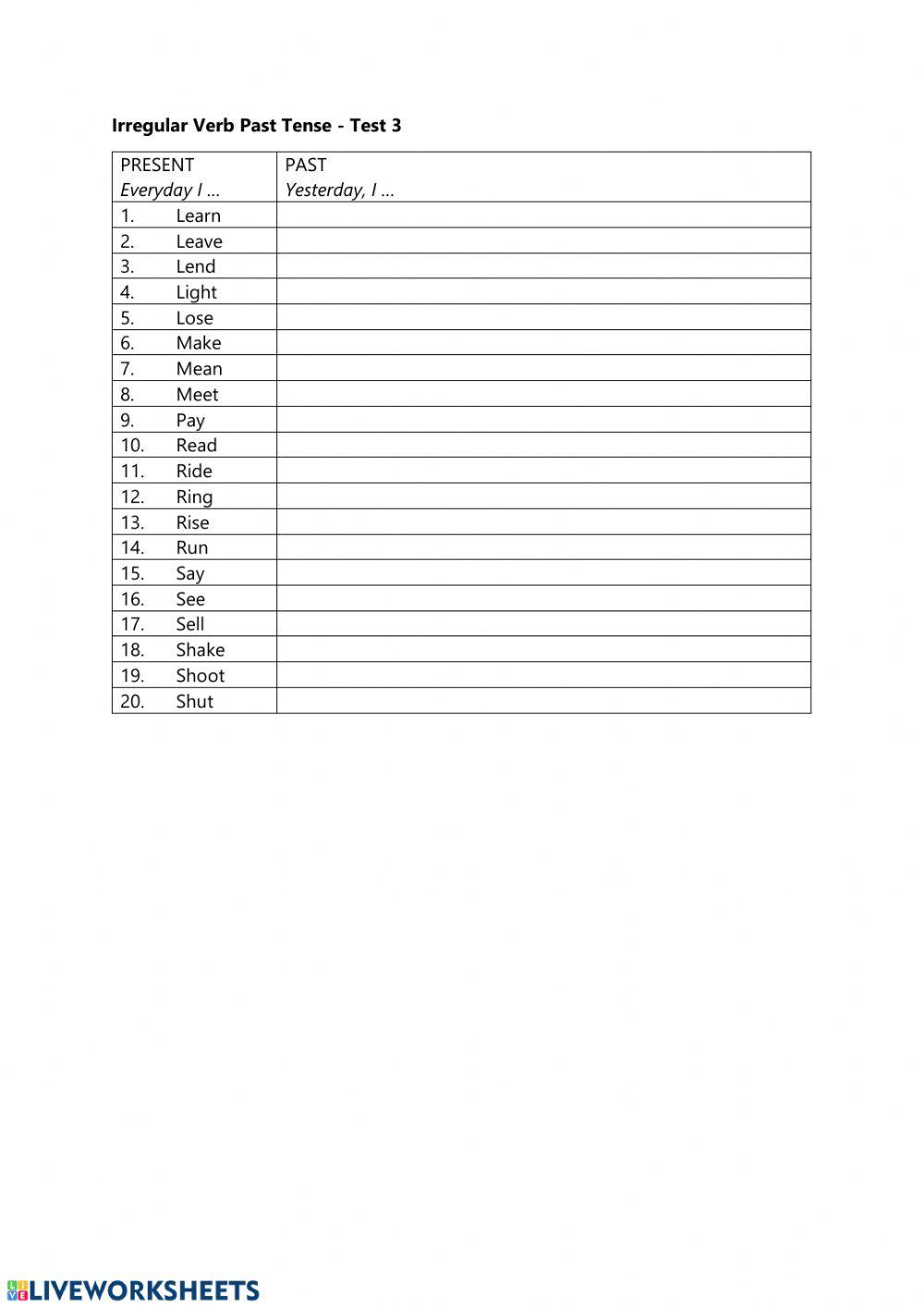 Past Tense Irregular Verbs English Test 3