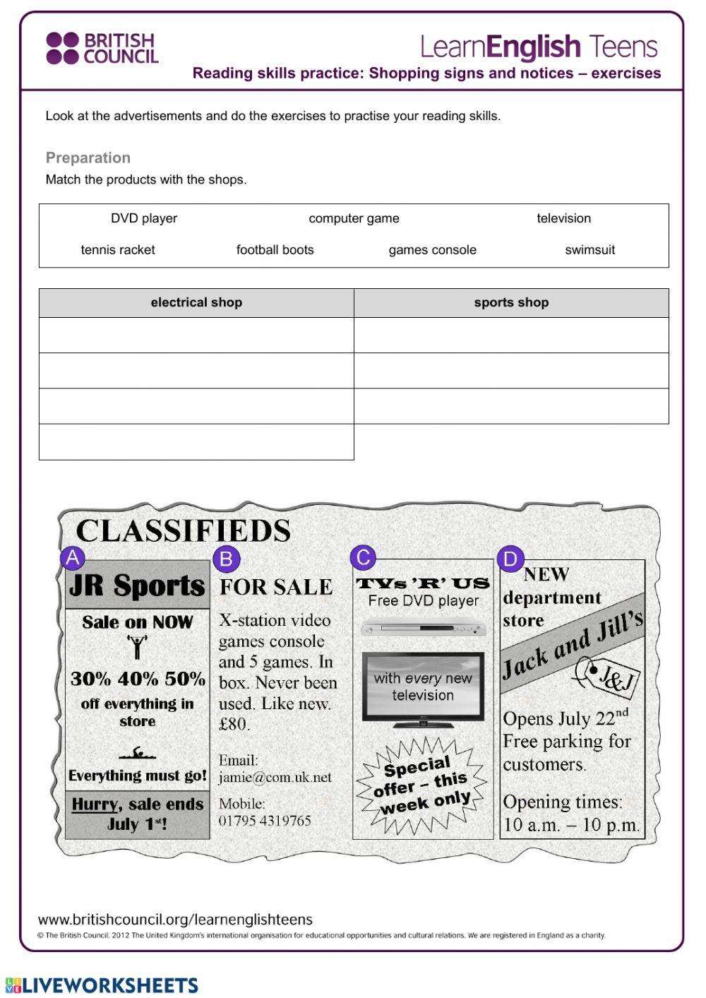 Shopping signs and noticesReading online exercise for Live Worksheets