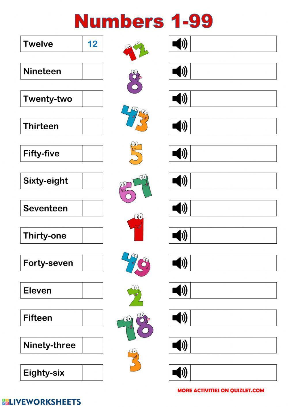 English Numbers 1-99 worksheet