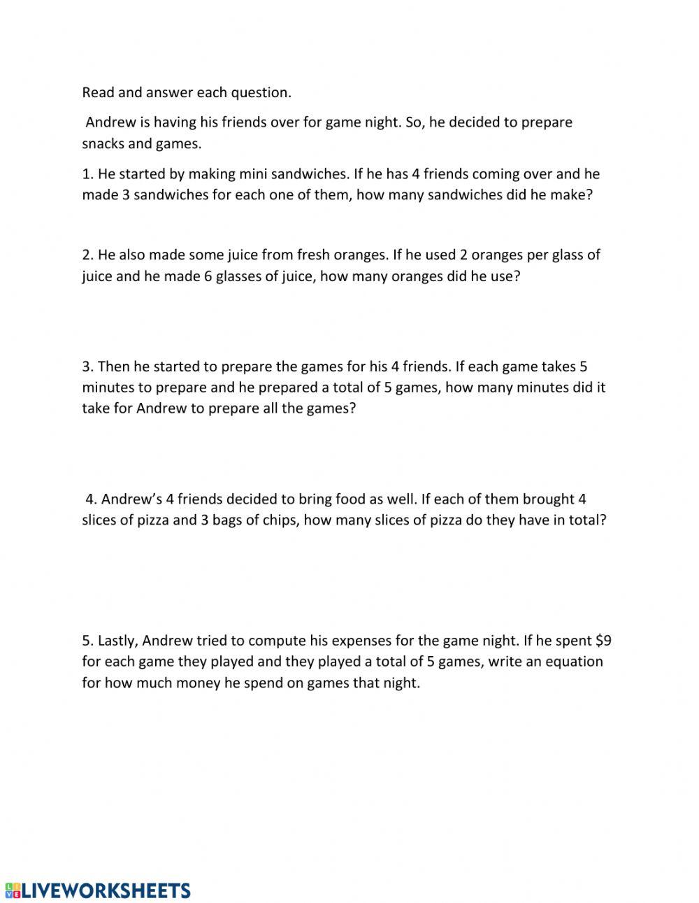 Multiplication word problems 3rd