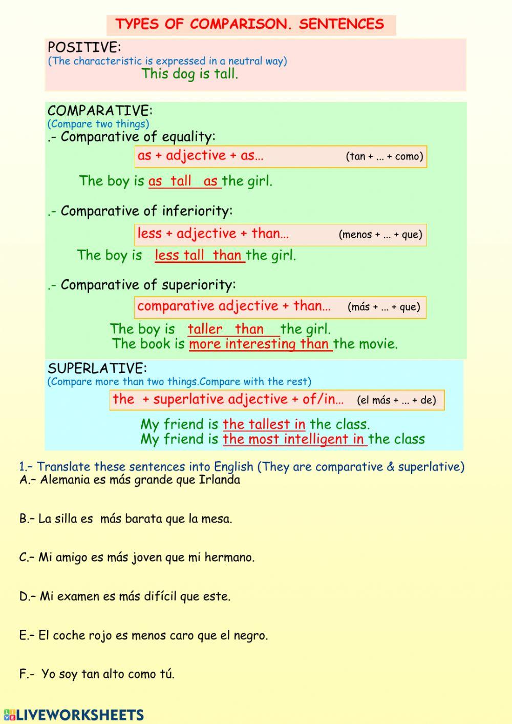 Types of comparison sentences