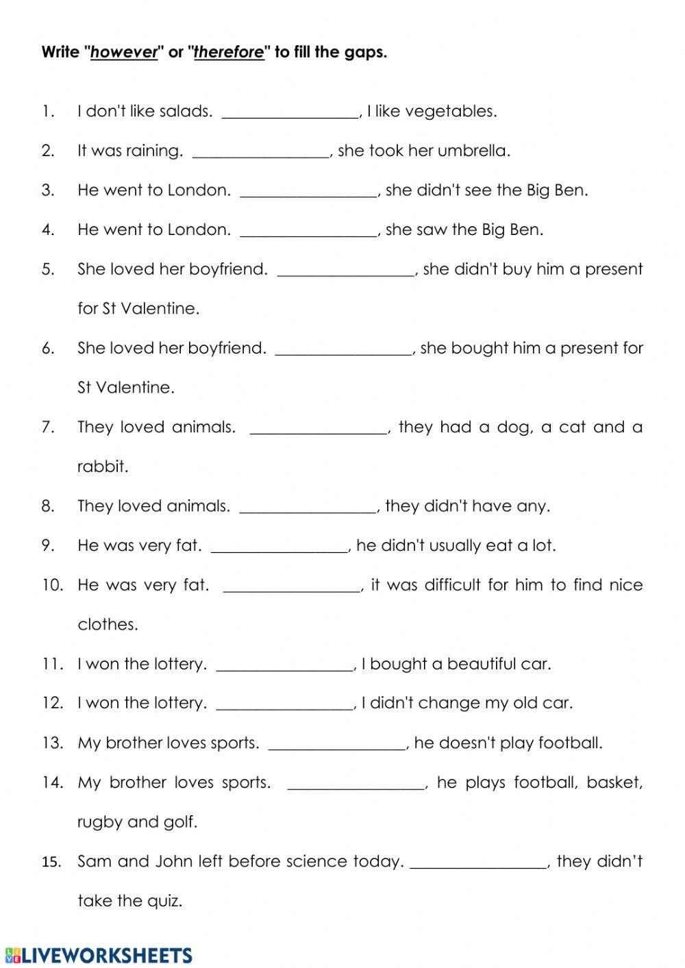 Therefore and however online exercise for live worksheets