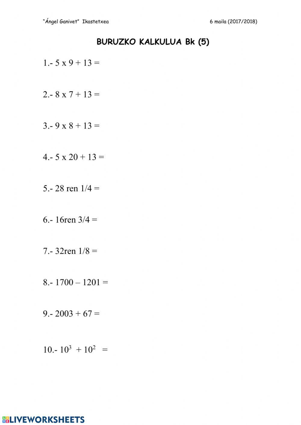 Buruzko kalkulua 1, 2, 3, 4 eta 5