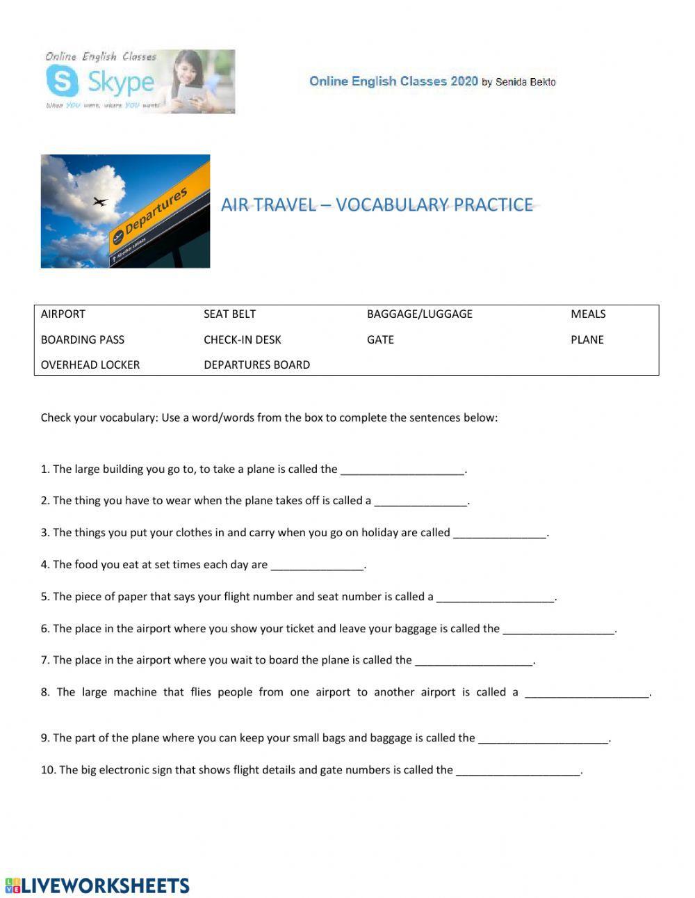 air travel vocabulary bank answers