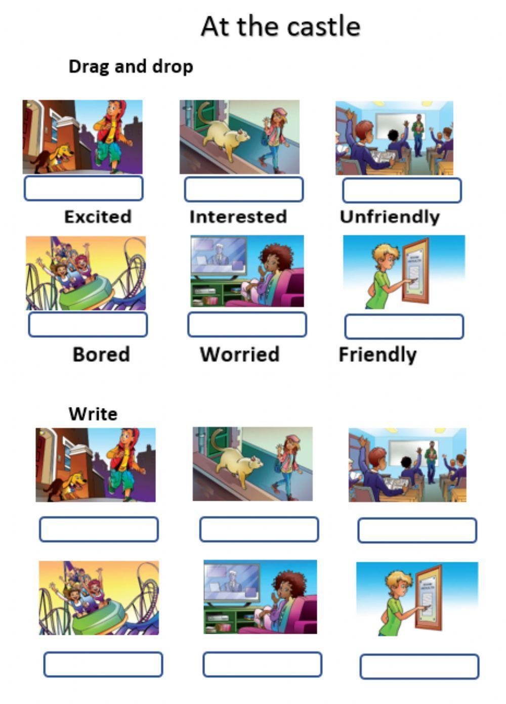 At the castle. Drag and drop, write. 2