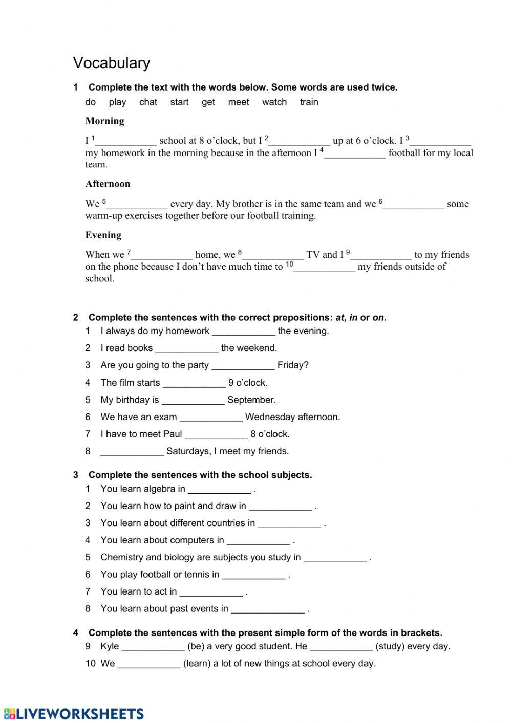 School. Present Simple. Prepositions of time