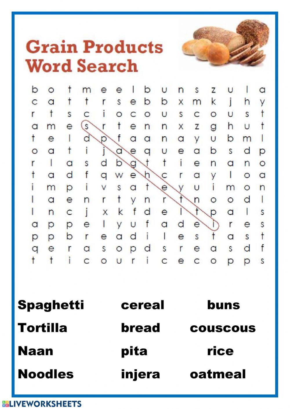 Grain products wordsearch