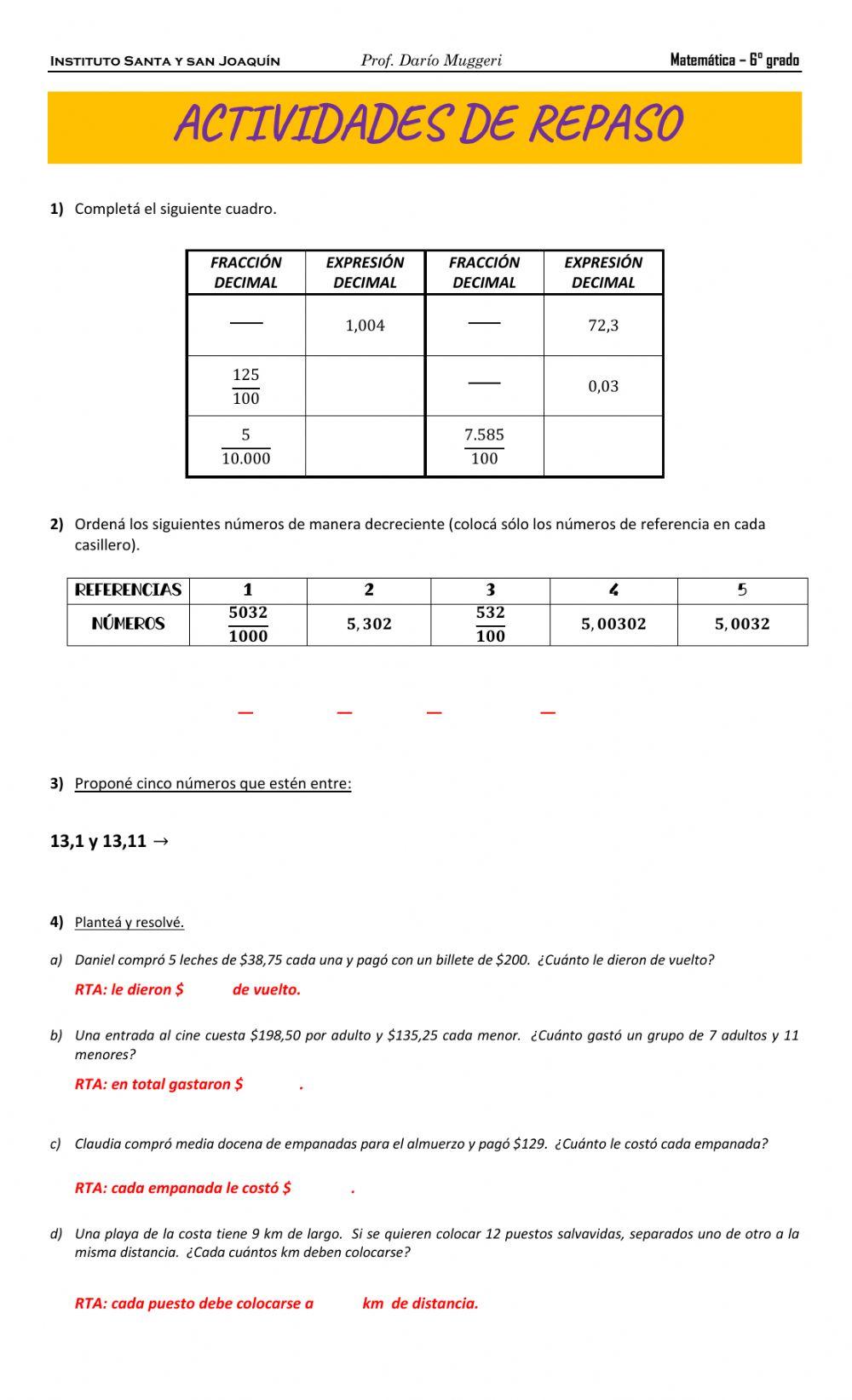 Ejercitación decimales SEXTO