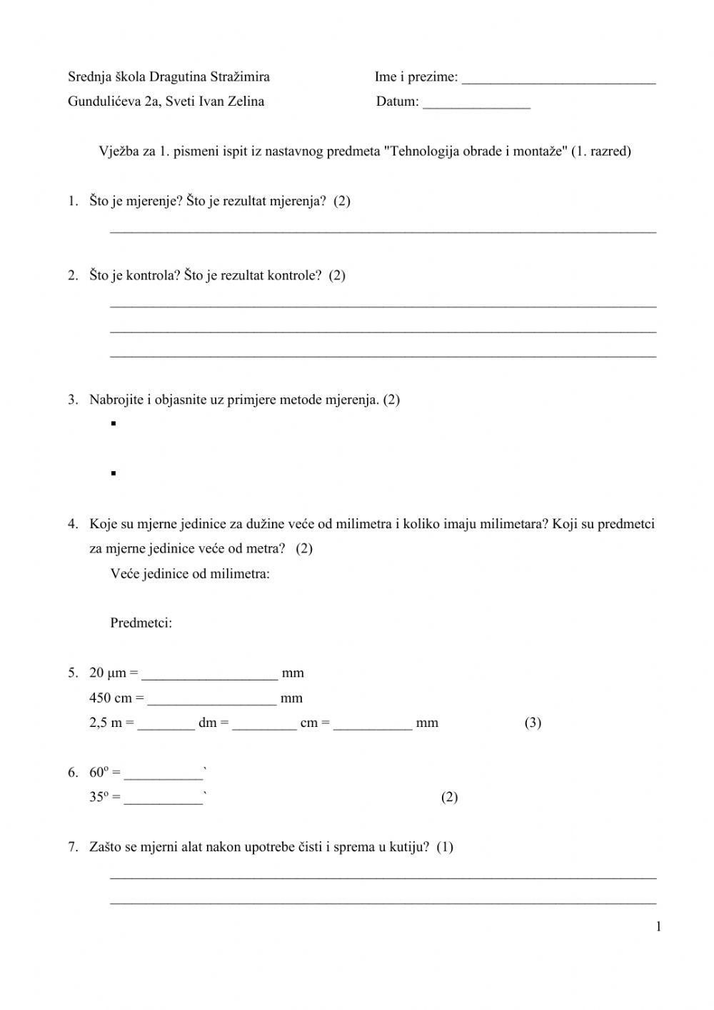 Vježba i ponavljanje za 1. pismeni ispit