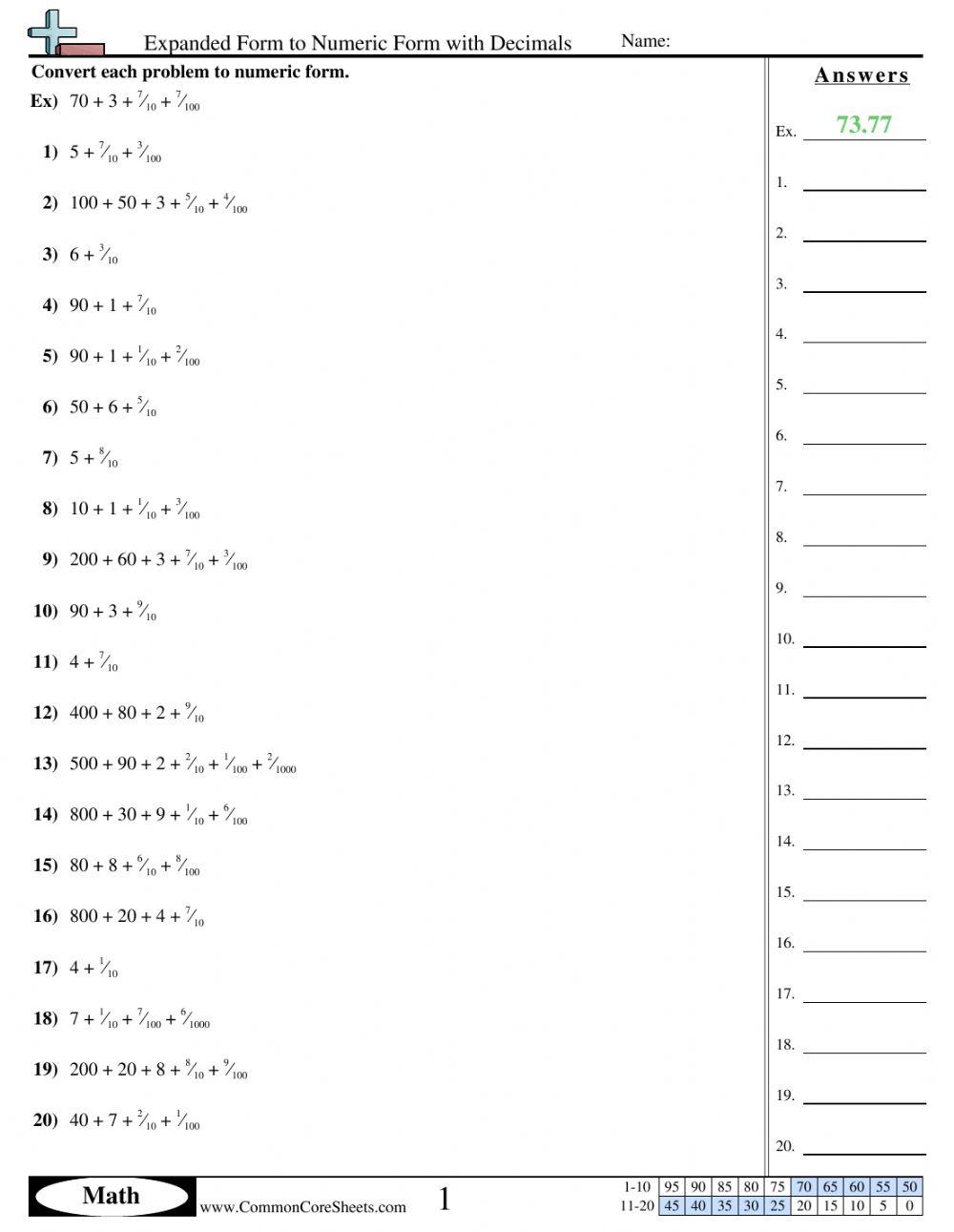 decimal expanded form online exercise for Live Worksheets