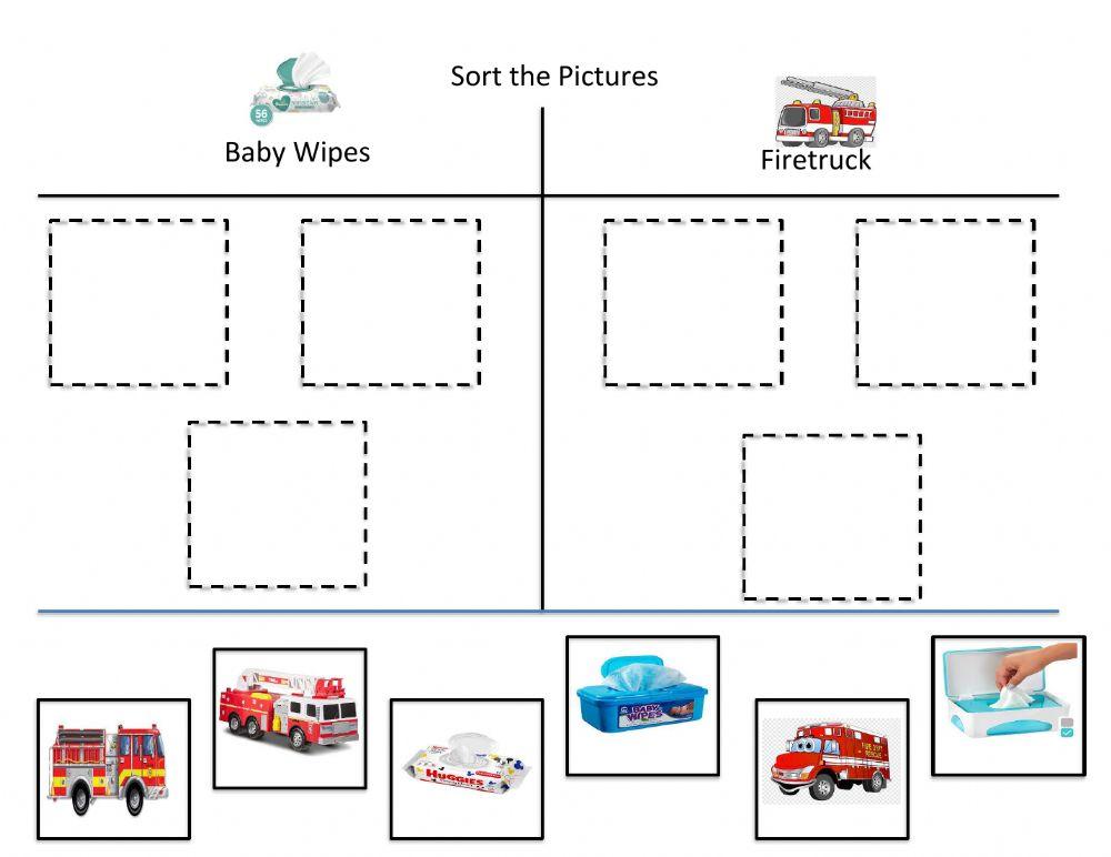 Sorting baby wipes and firetruck