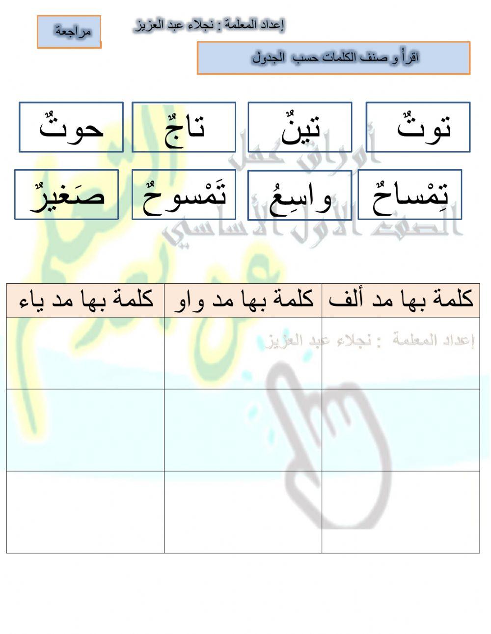 صنف الكلمات حسب الجدول