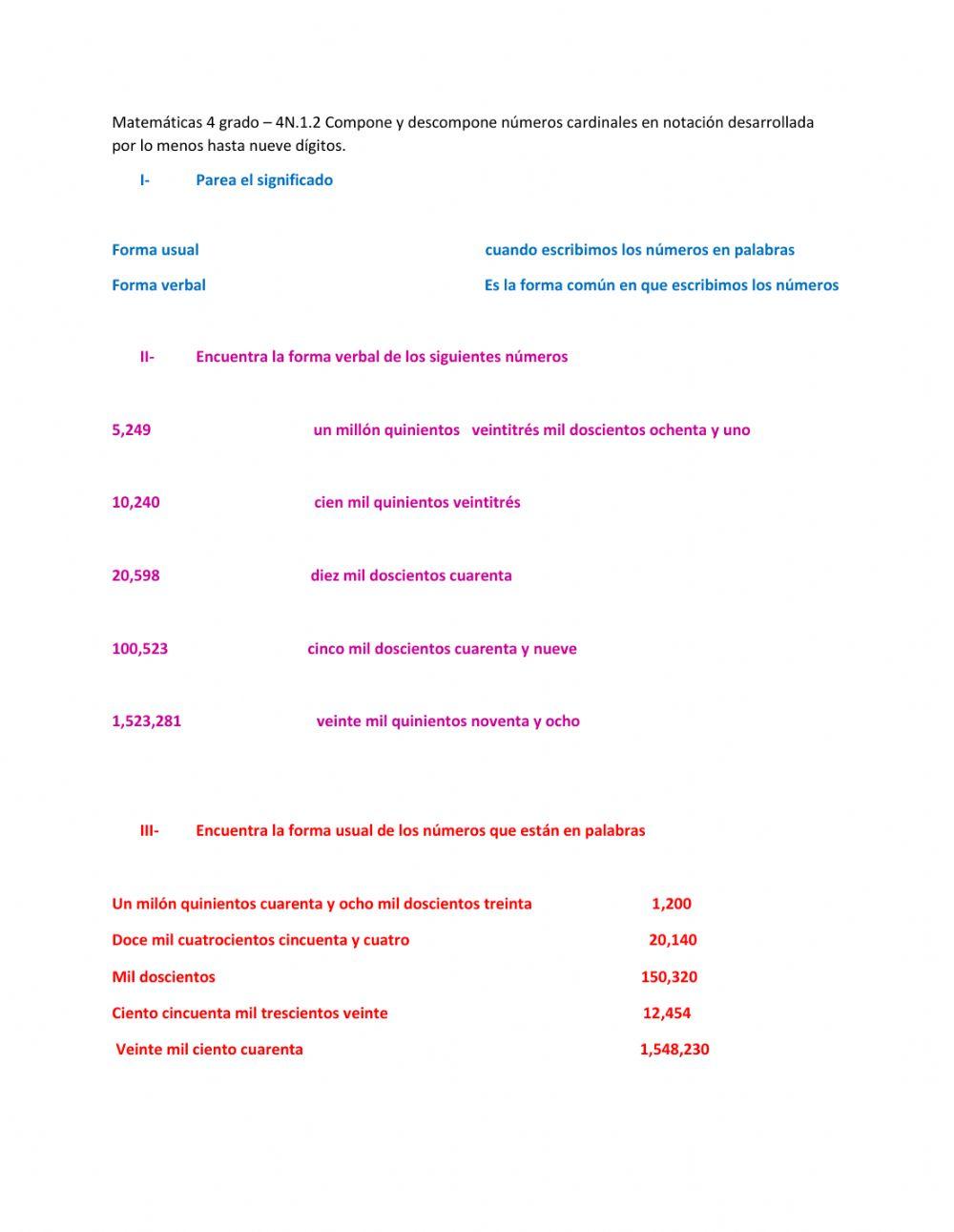 Escritura de números de forma  verbal y forma usual de
