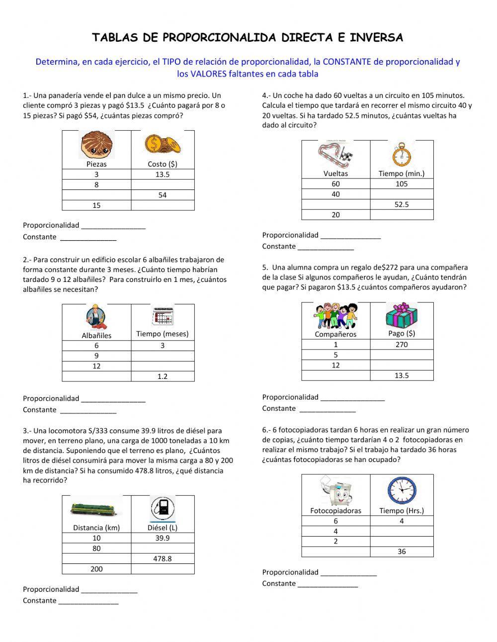 Tablas de proporcionalidad directa e inversa