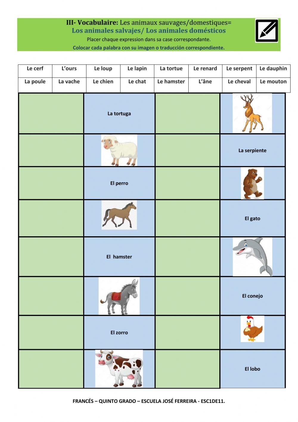 Vocabulaire les animaux sauvages-domestiques