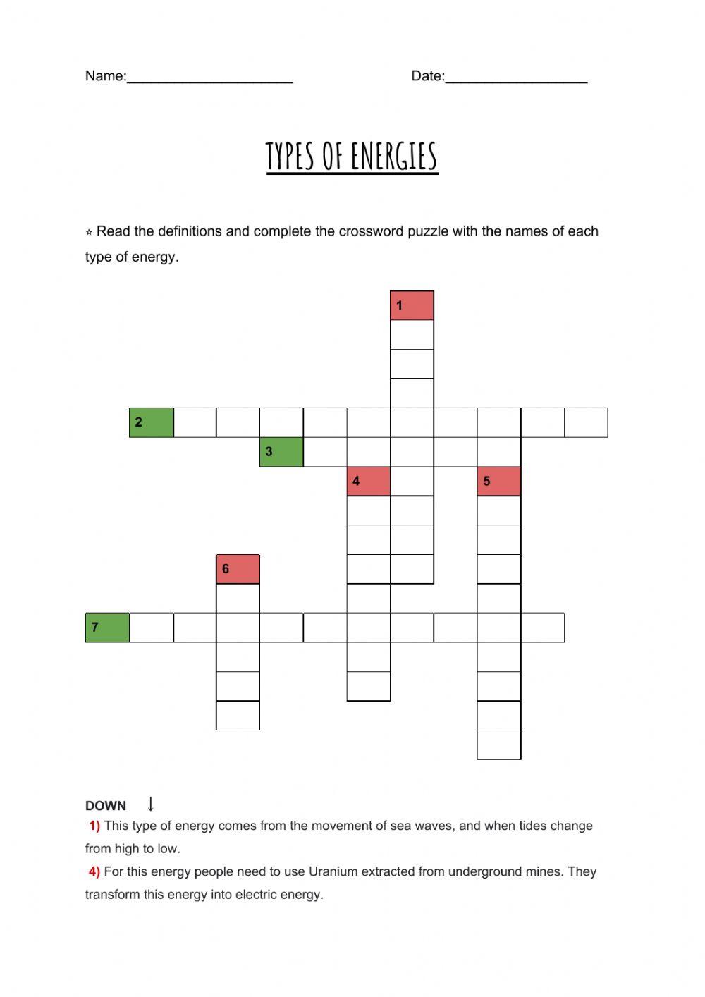 Crossword types of energies worksheet Live Worksheets