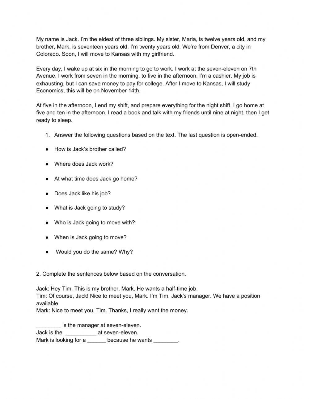 Comprehensive reading (Jack's daily life)