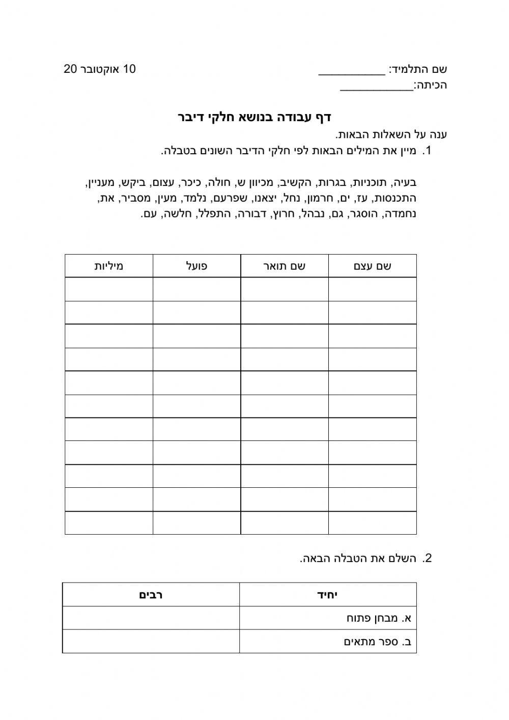  כיתה ט - י דף עבודה מסכם בנושא חלקי דיבר