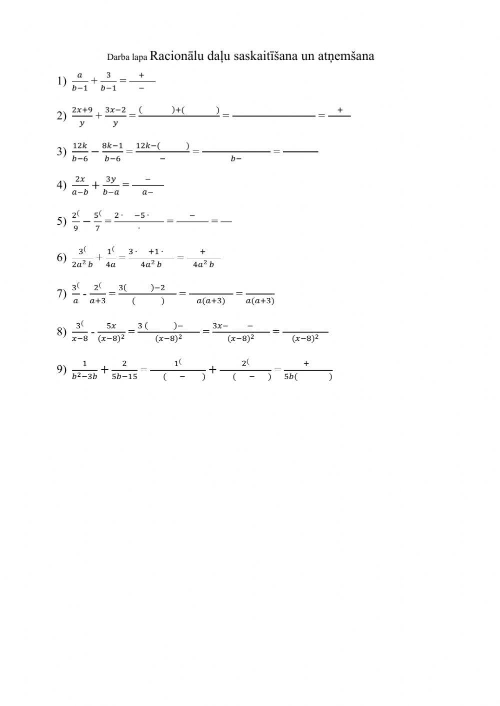 Racionālu daļu saskaitīšana un atņemšana