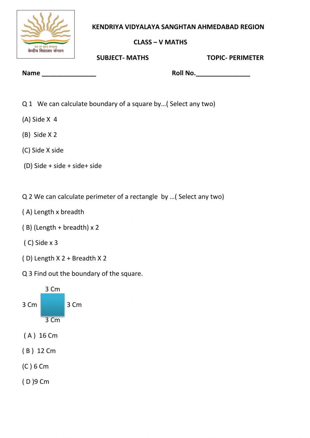 Worksheet class V Maths