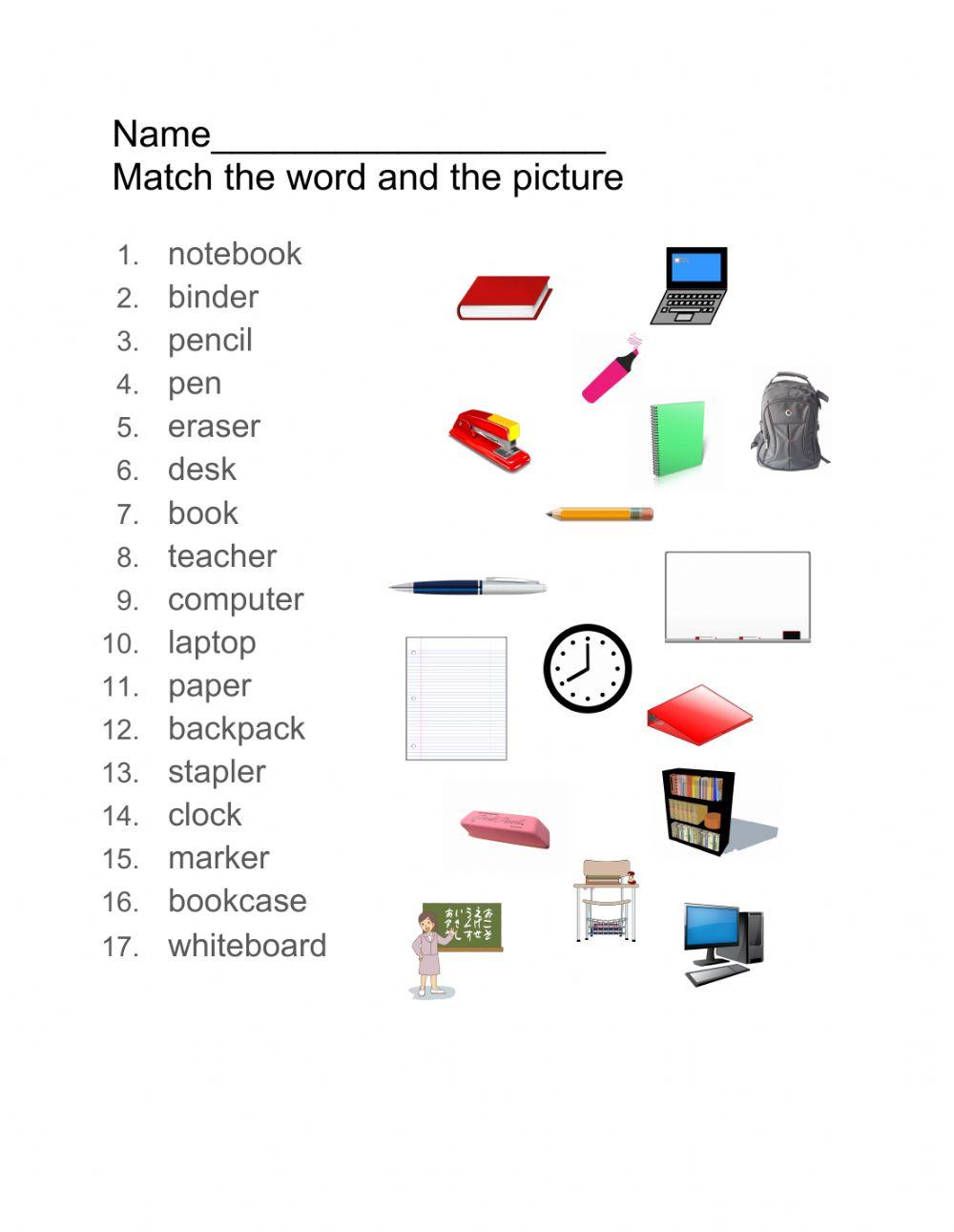 Classroom supplies vocabulary
