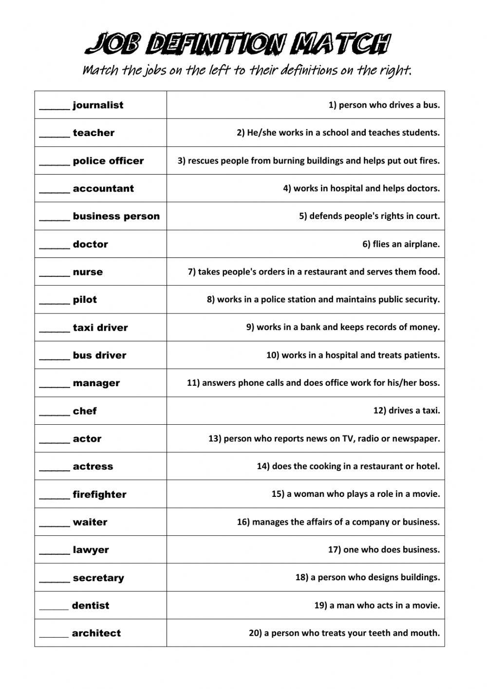 JOB DEFINITION MATCH Carmen Plana Live Worksheets