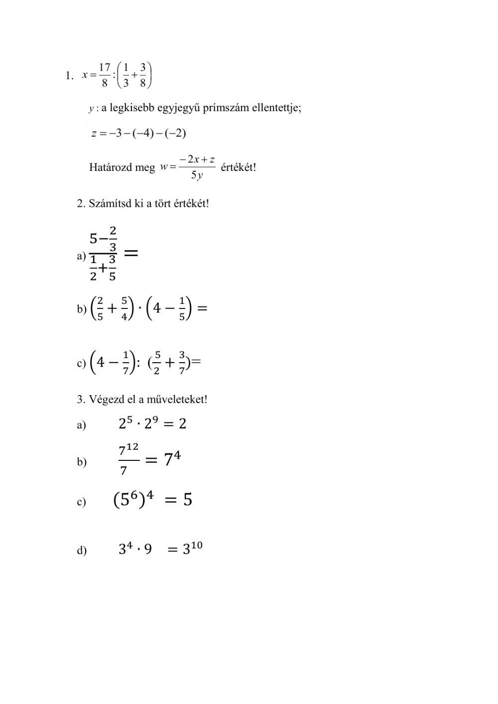 Műveletek törtekkel, hatványokkal
