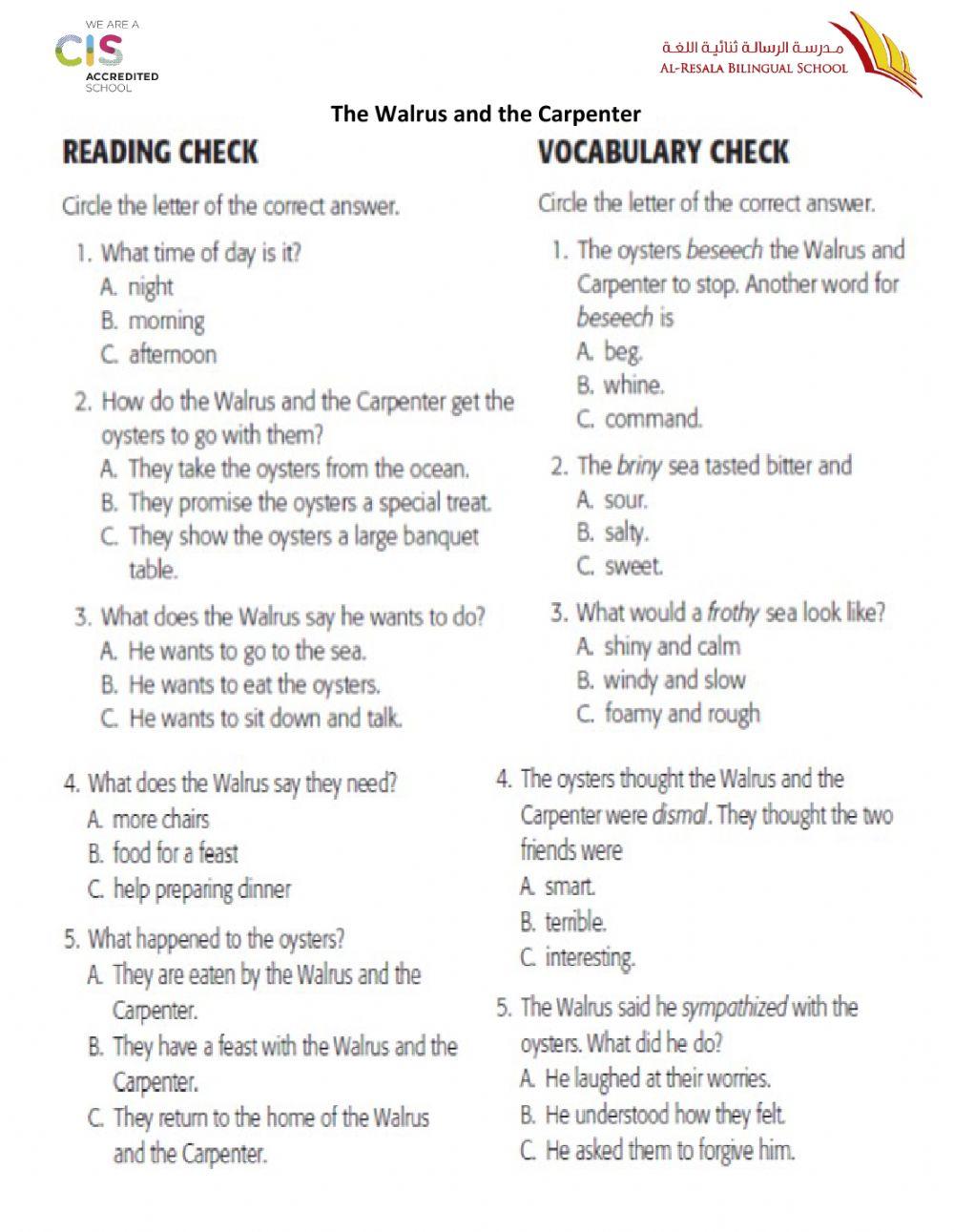 The Walrus and the Carpenter Reading Check and Voc