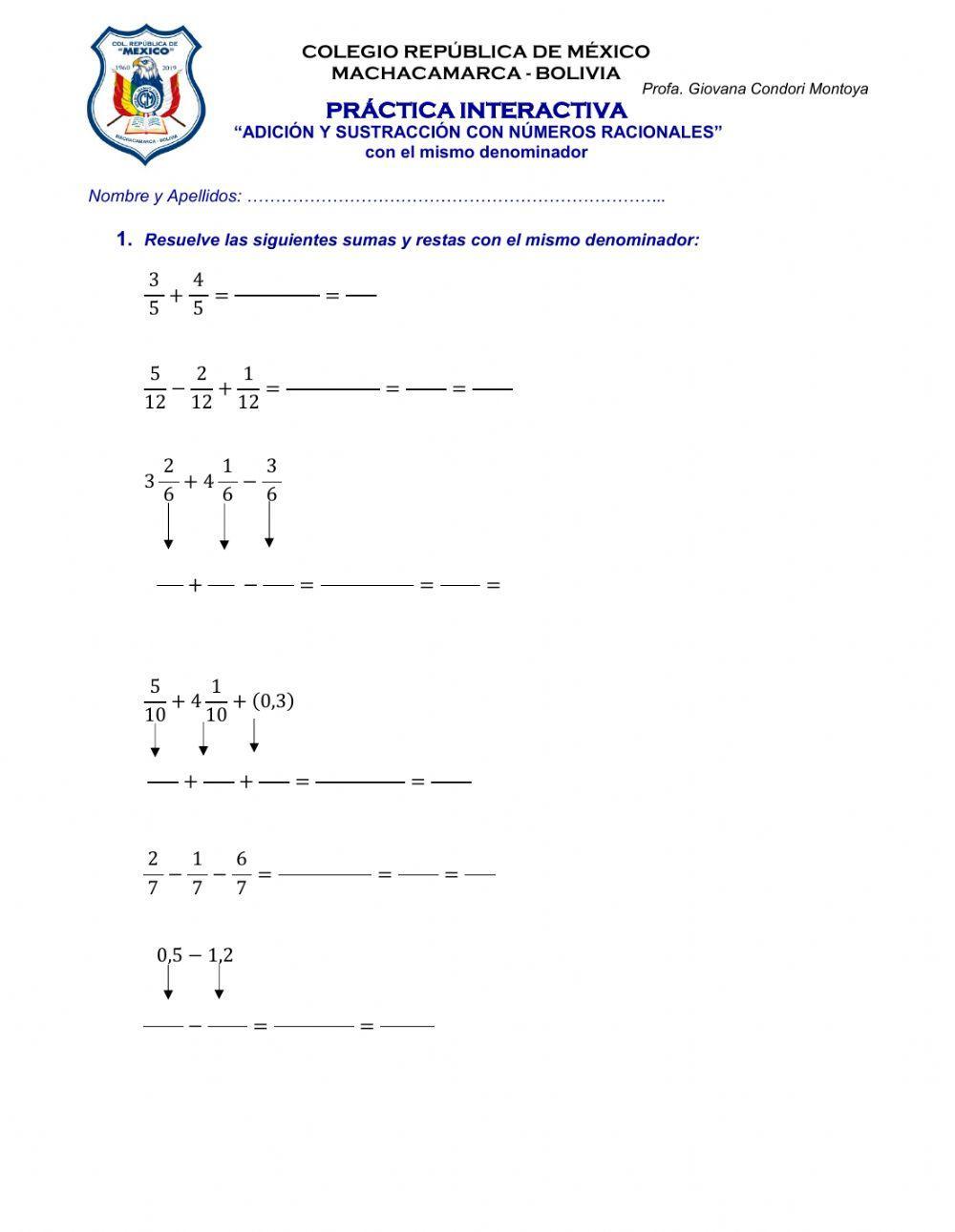 Adición y sustracción de racionales