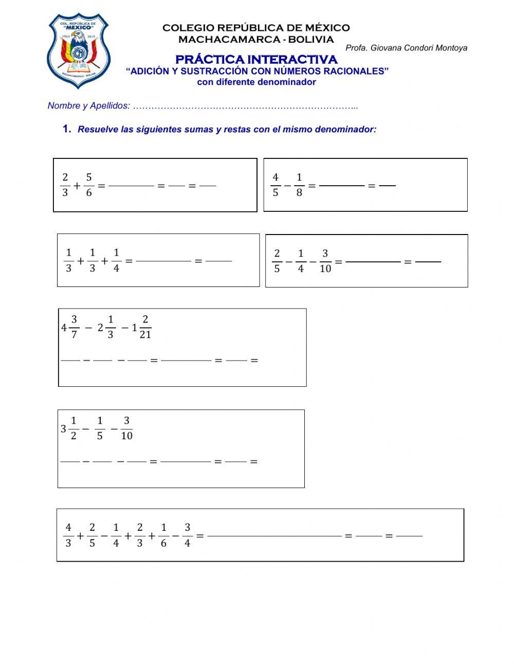 Adición y sustracción de racionales