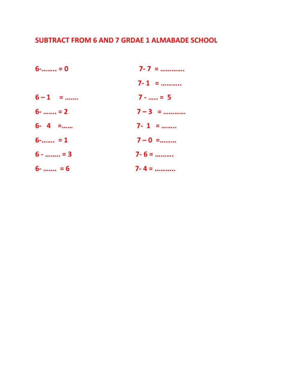 Worksheet for subtract from 6 nad 7