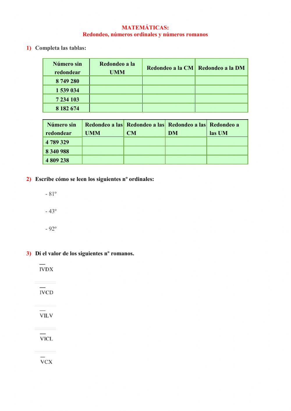Redondeo, nº ordinales y romanos