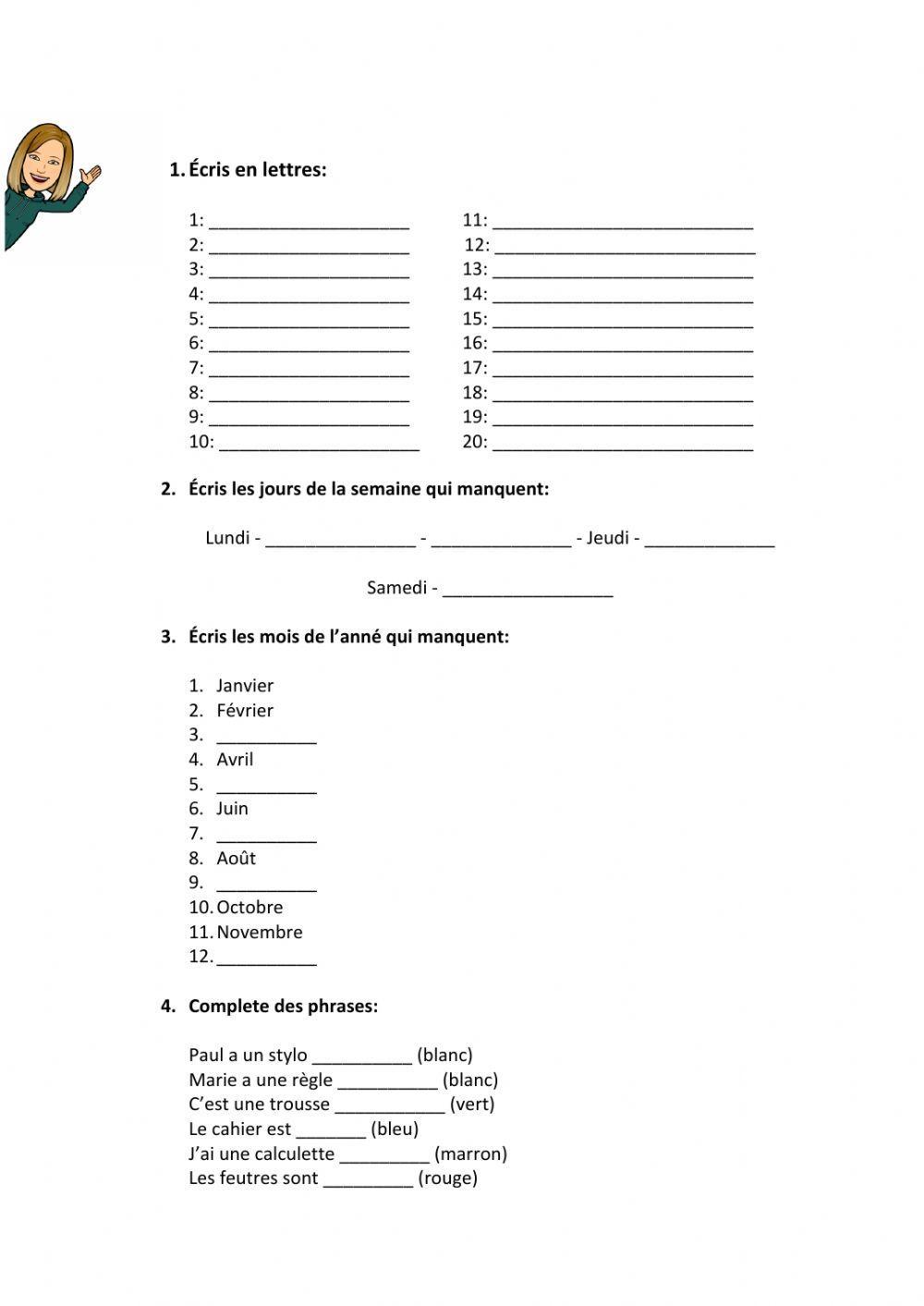 Nombres 1-20, mois, jours, couleurs