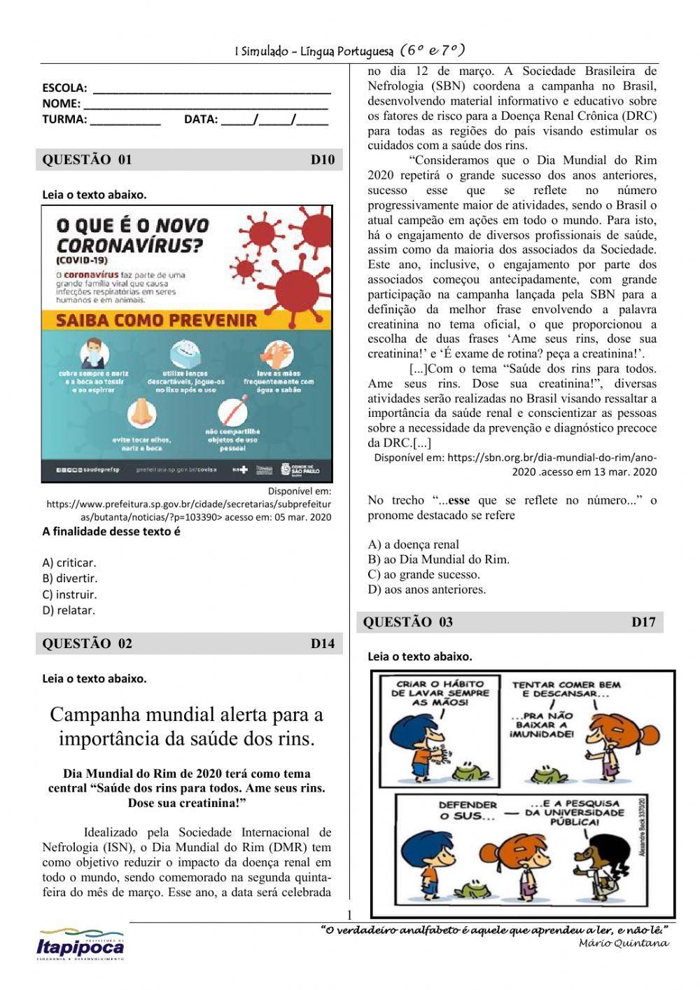 Simulado Língua Portuguesa (6º e 7º)