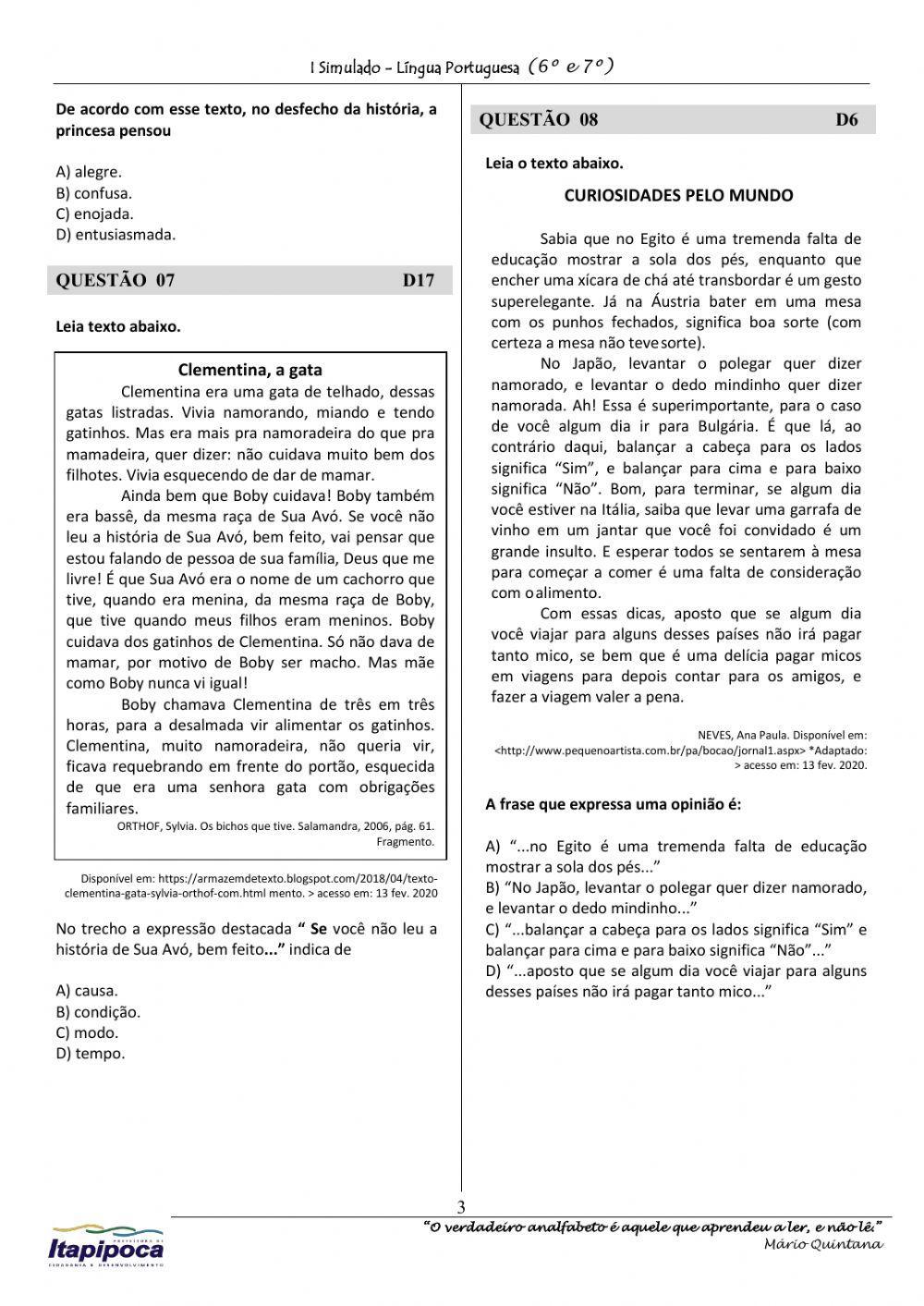 Simulado Língua Portuguesa (6º e 7º)