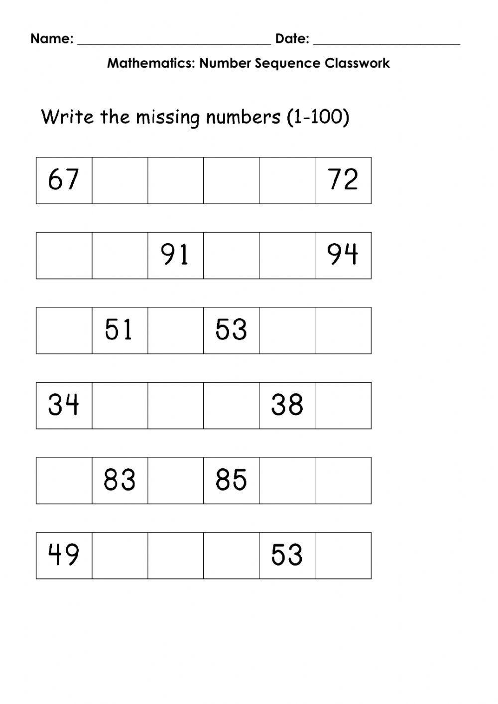 mathematics Number Sequence Classwork