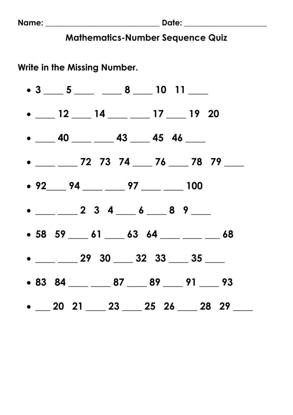 Mathematics Number Sequence quiz