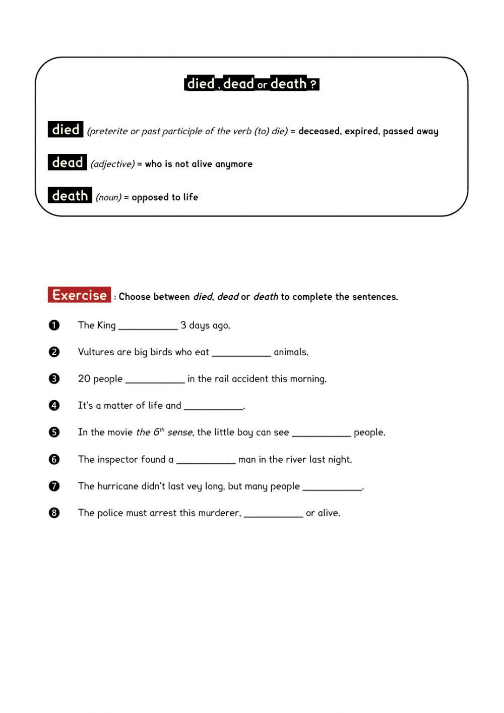 Died, dead or death ?