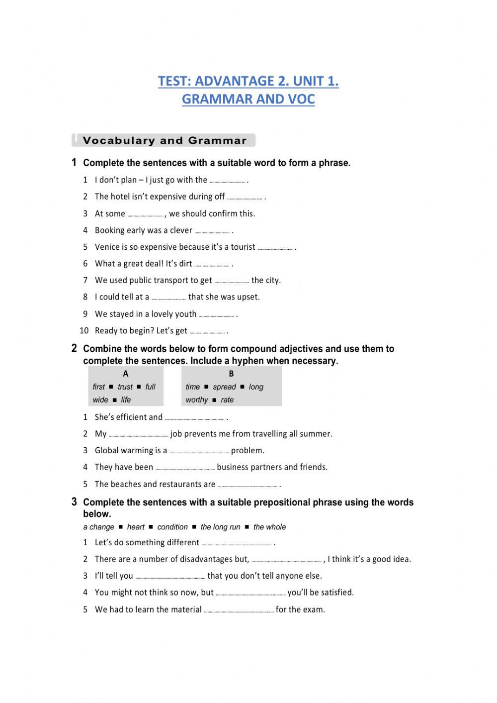 Advantage 2. grammar and vocabulary test .unit 1