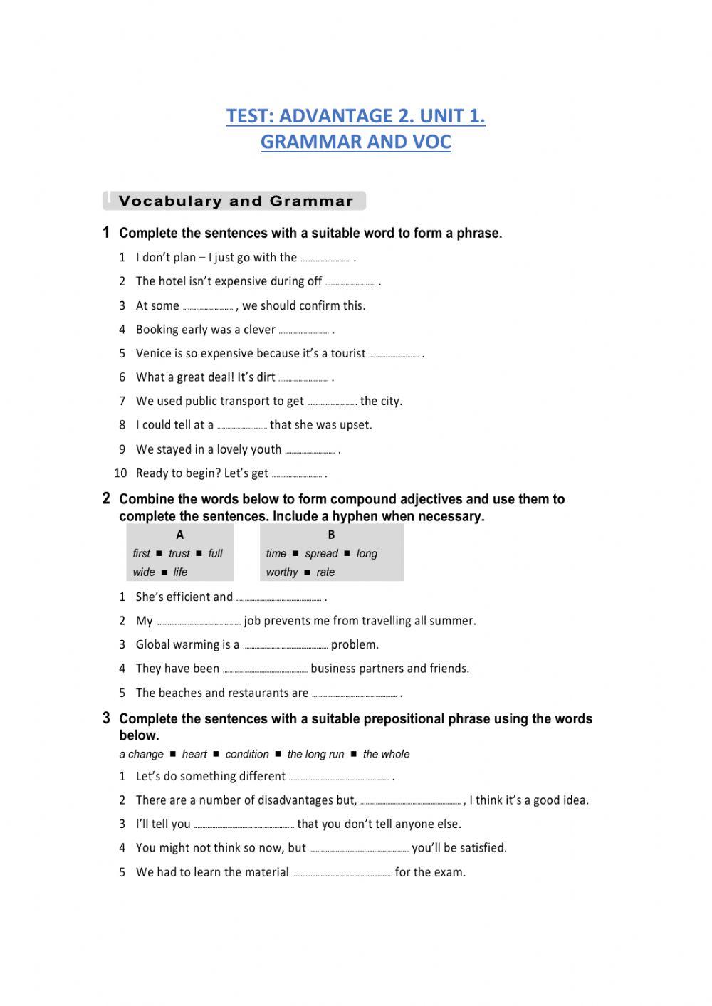 Advantage 2. grammar and vocabulary test .unit 1 worksheet Live Advantage 2. grammar and vocabulary test .unit 1 worksheet Live
