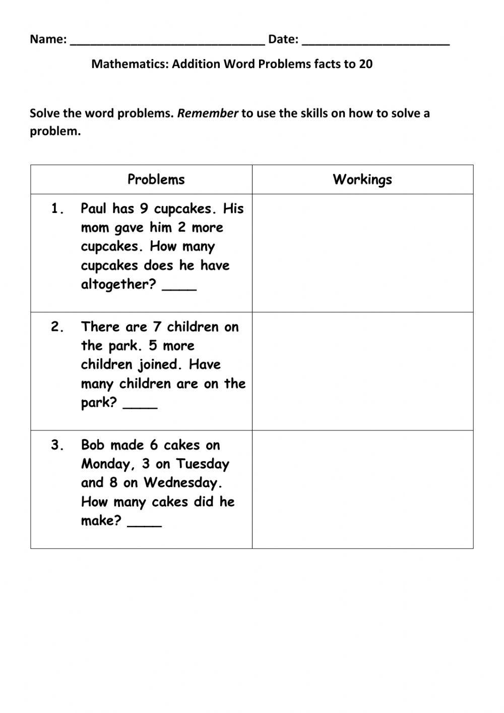 Mathematics Addition word problem facts to 20 classwork