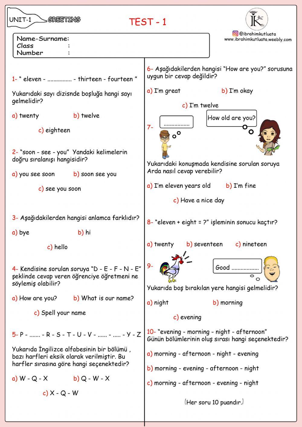 3. sınıf 1. ünite - Revision